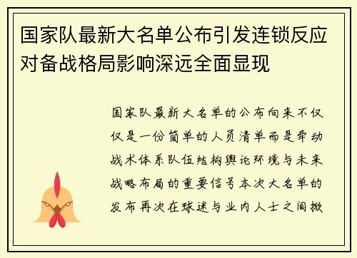 国家队最新大名单公布引发连锁反应对备战格局影响深远全面显现 国家队最新大名单公布引发连锁反应对备战格局影响深远全面显现