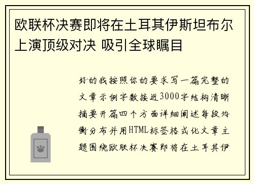 欧联杯决赛即将在土耳其伊斯坦布尔上演顶级对决 吸引全球瞩目 欧联杯决赛即将在土耳其伊斯坦布尔上演顶级对决 吸引全球瞩目